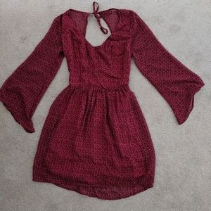 Maroon Bell Sleeve Open Back Imitation Silk Dress